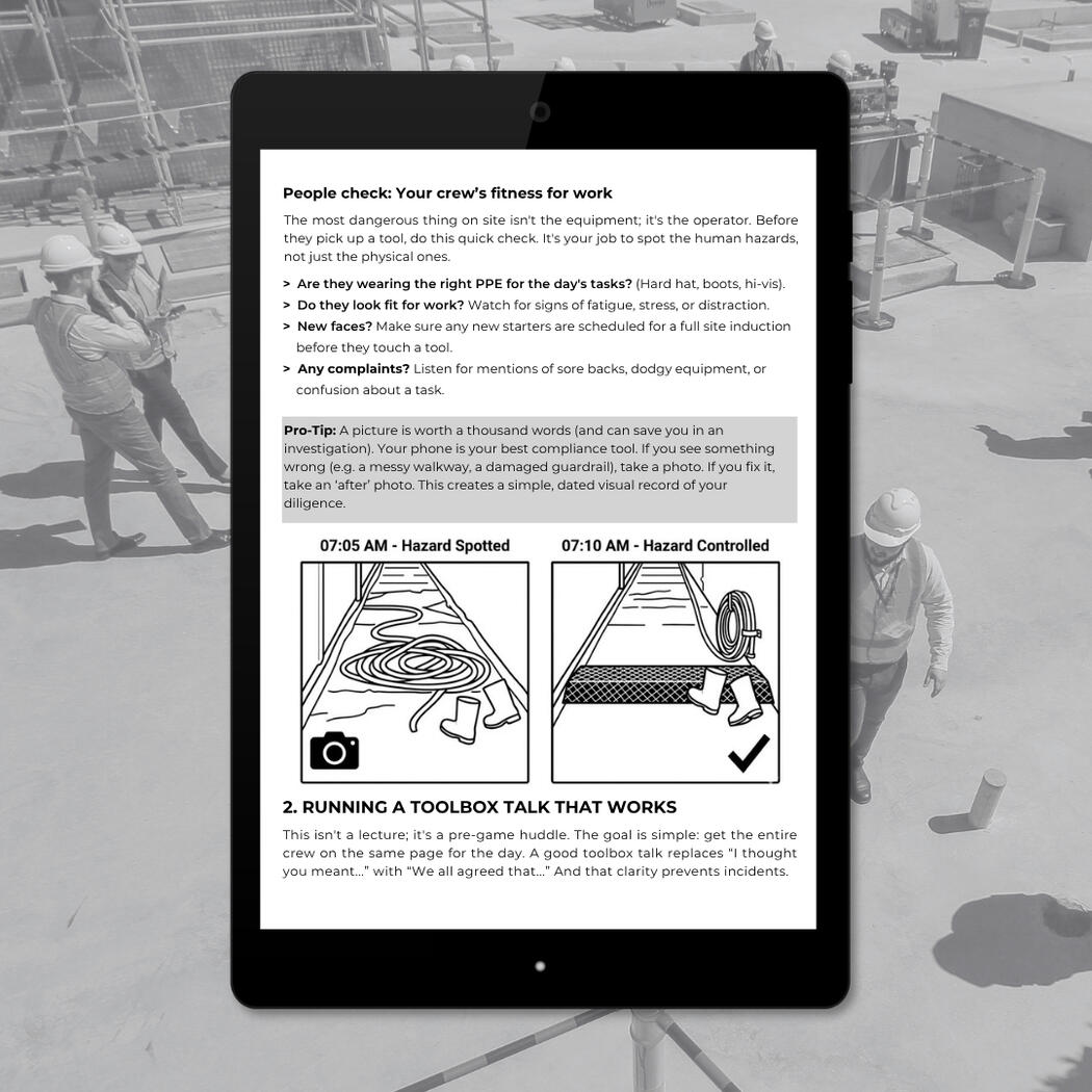 A professional digital mockup of a technical textbook displayed on a tablet. The layout shows a clean, modern design for the building & construction industry, featuring a clear heading, an annotated technical diagram of a building site, & bulleted complian