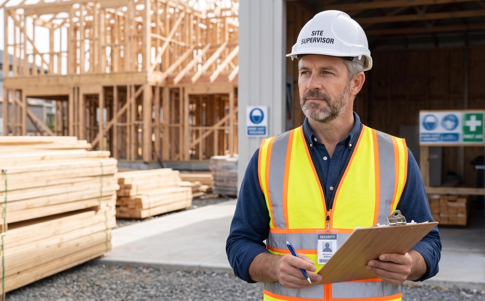 A middle-aged male site supervisor with grey hair and a beard, wearing a white hard hat and a high-vis yellow safety vest. He is holding a wooden clipboard and a blue pen, looking toward a residential construction site.