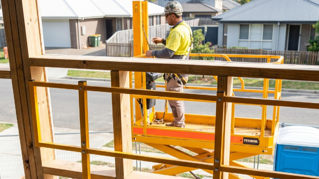 Digital WHS audit simulation showing a micro-scissor lift used as an engineered safety control on a residential timber-frame construction site.