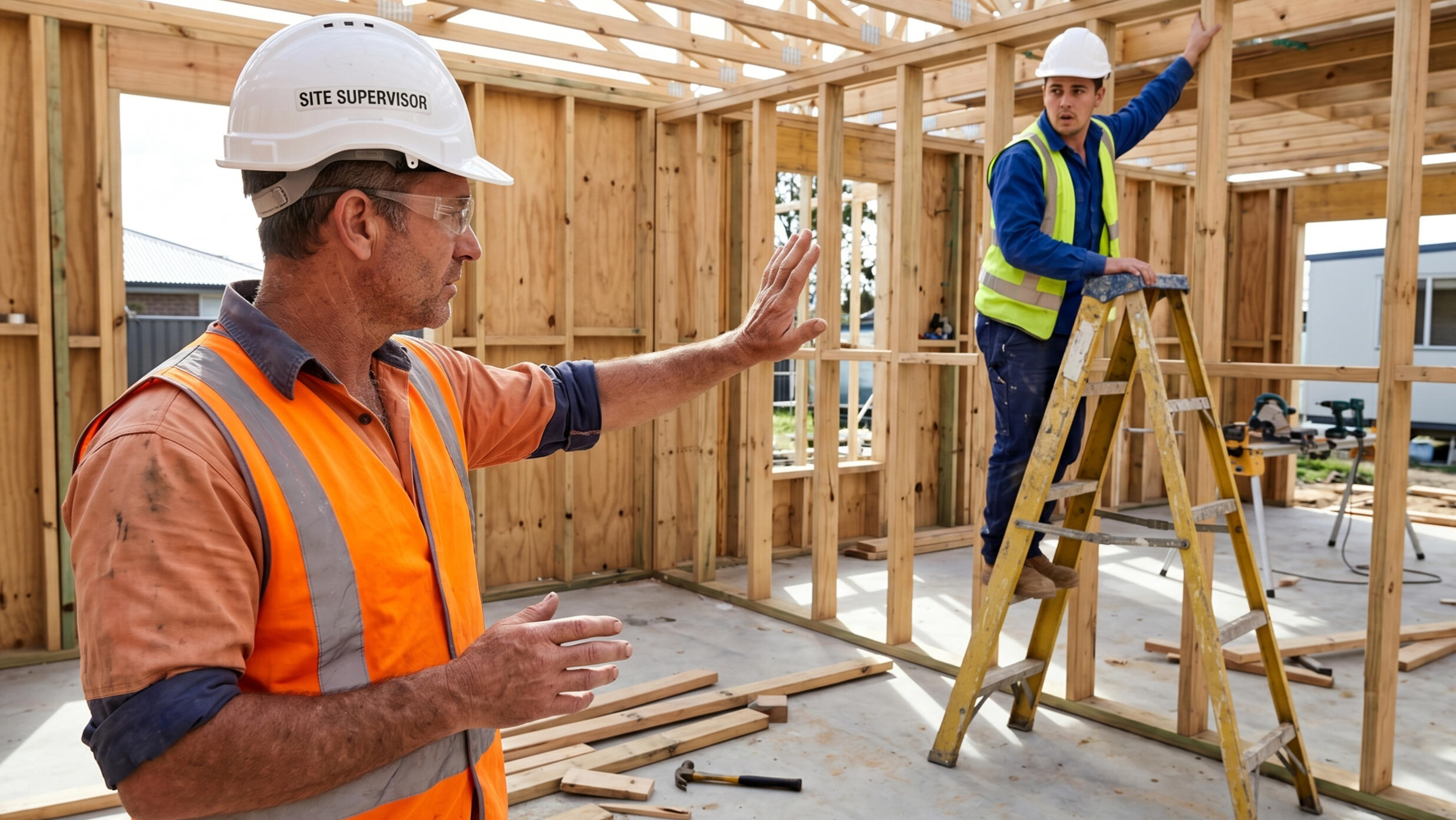 A middle-aged male site supervisor with grey hair and a beard, wearing a white hard hat and a high-vis yellow safety vest. He is holding a wooden clipboard and a blue pen, looking toward a residential construction site.